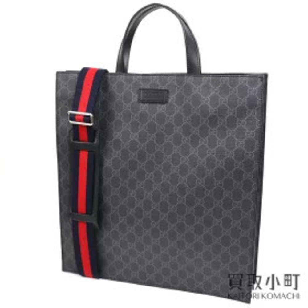 Gucci Soft GG Supreme Canvas Tote Bag Gray Black Leather Shoulder Vertical